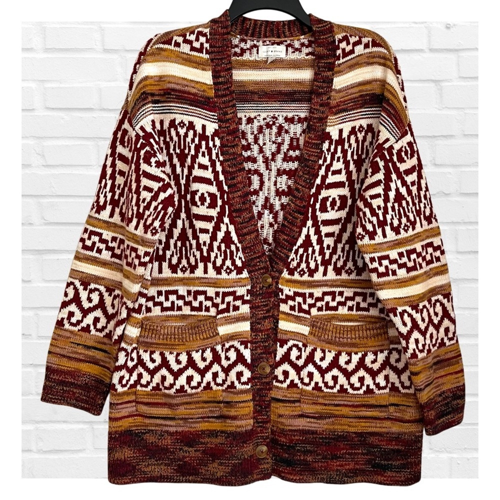 Lucky Brand Sz Lg Aztec Patterned Cardigan Fair Isle Knit Western Cowgirl Ranch